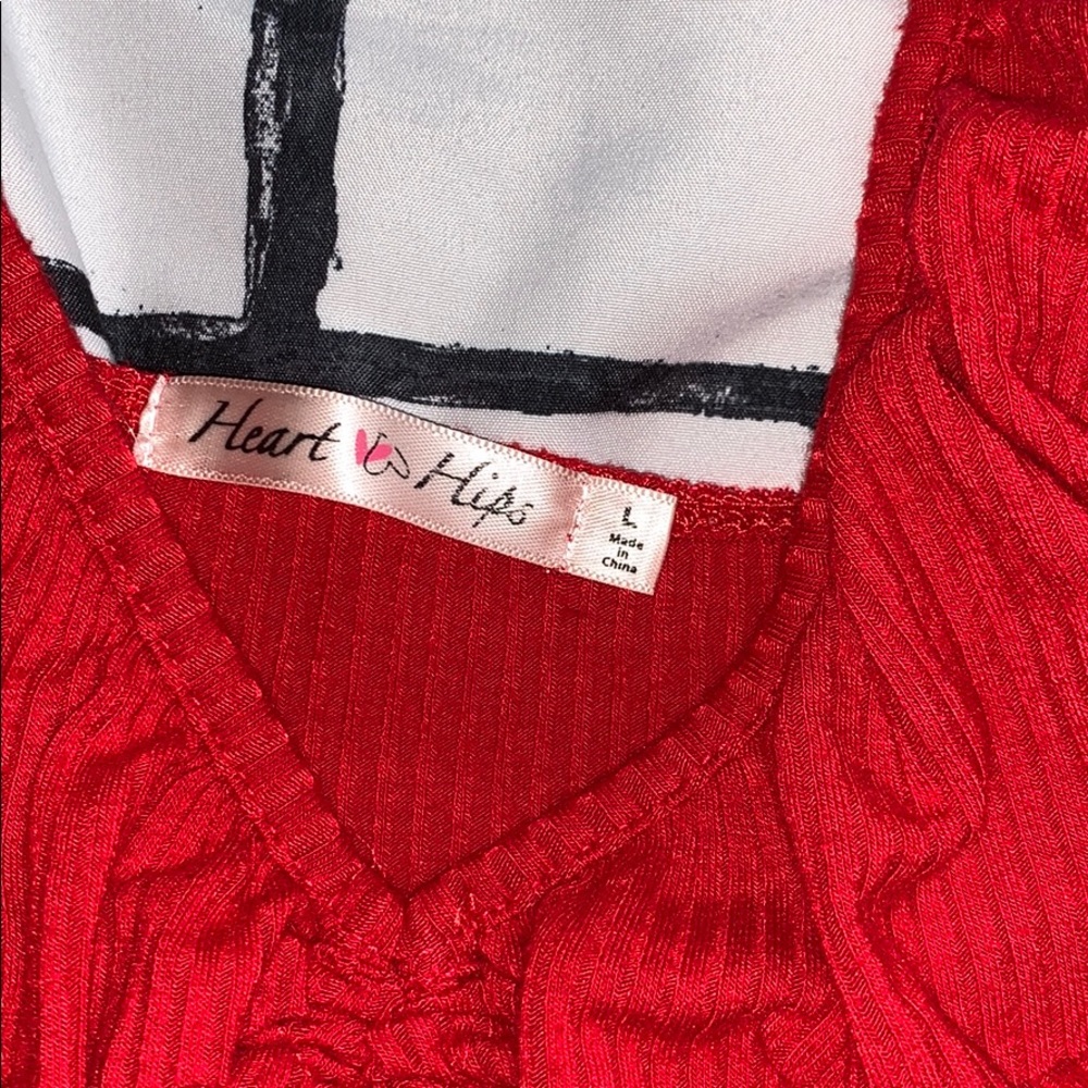 Red Rouche Crop Top Ribbed Ruffle Shoulders - Picture 2 of 5